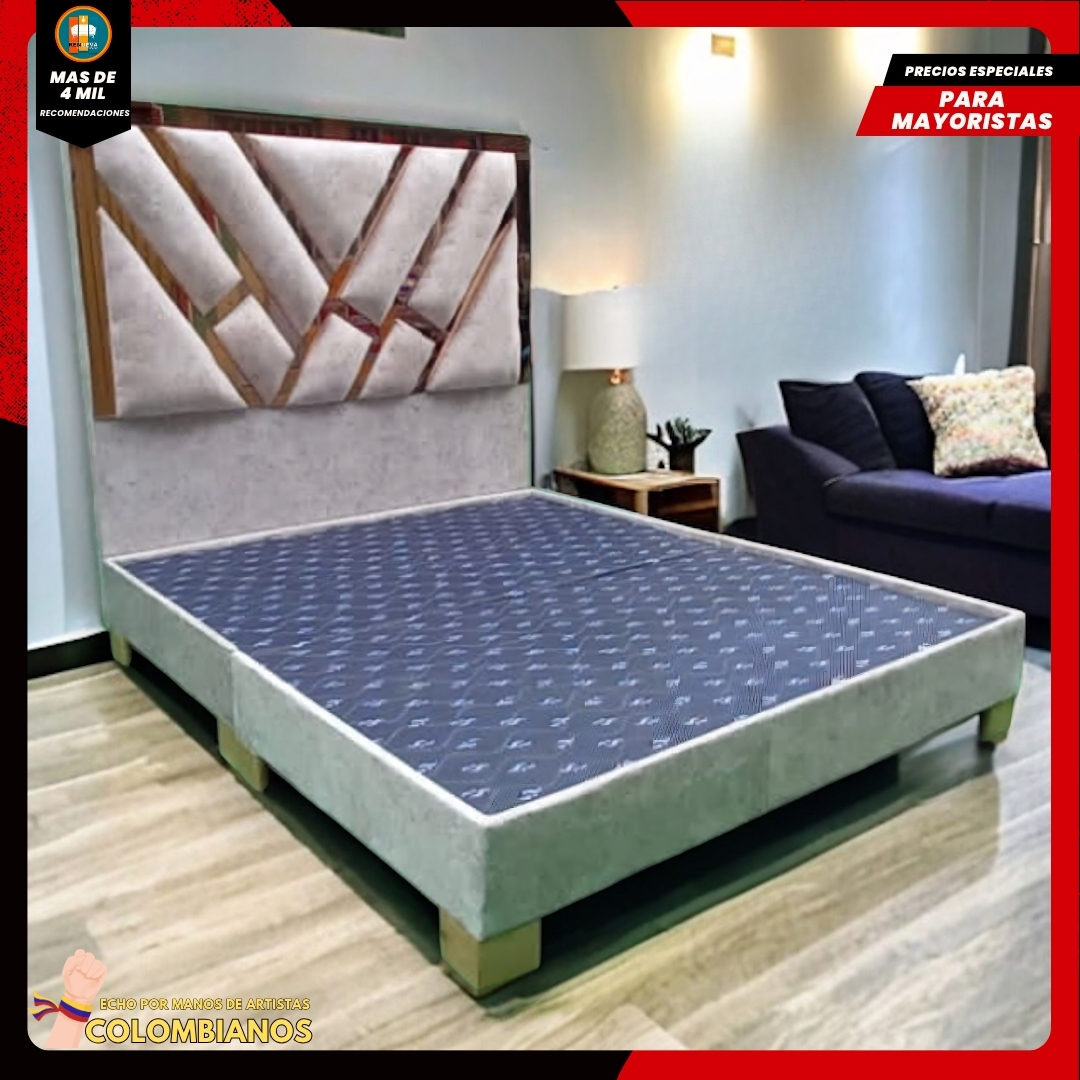 Base Cama Doble 140x190 con Espaldar en Diseño Espejo – Lujo, Elegancia y Máxima Resistencia