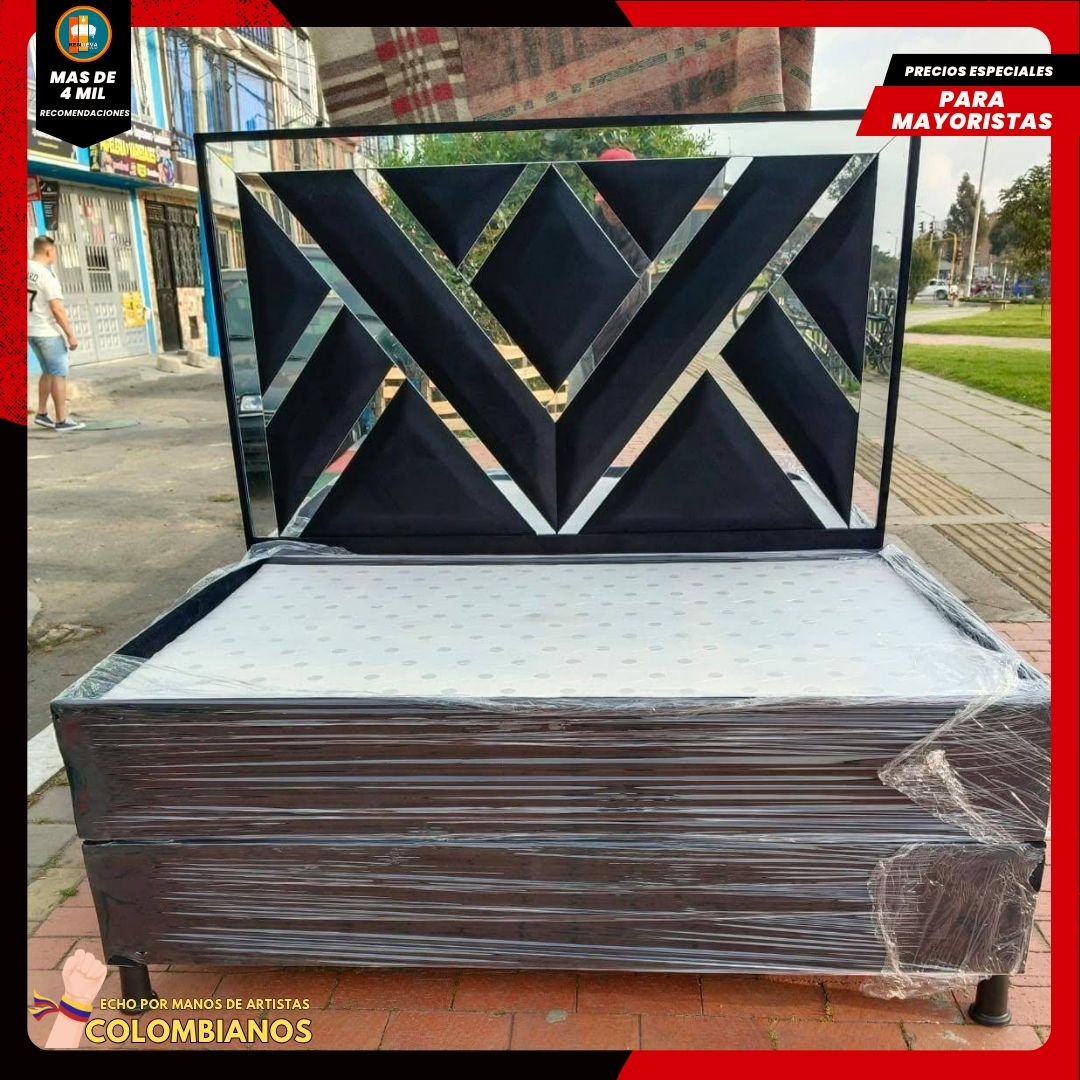 Base Cama Doble 140x190 con Espaldar en Diseño Espejo – Lujo, Elegancia y Máxima Resistencia