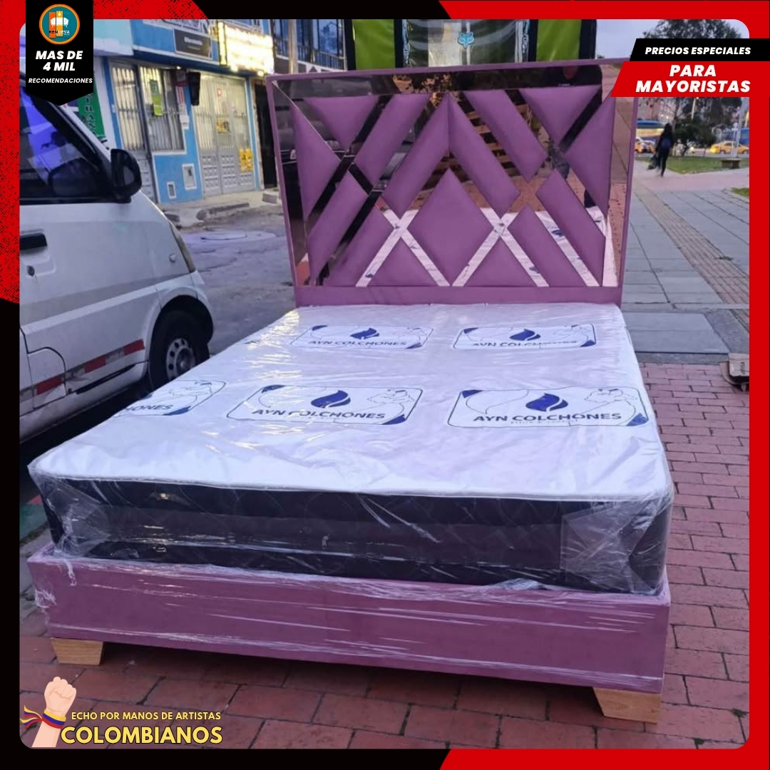 Base Cama Doble 140x190 con Espaldar en Diseño Espejo – Lujo, Elegancia y Máxima Resistencia