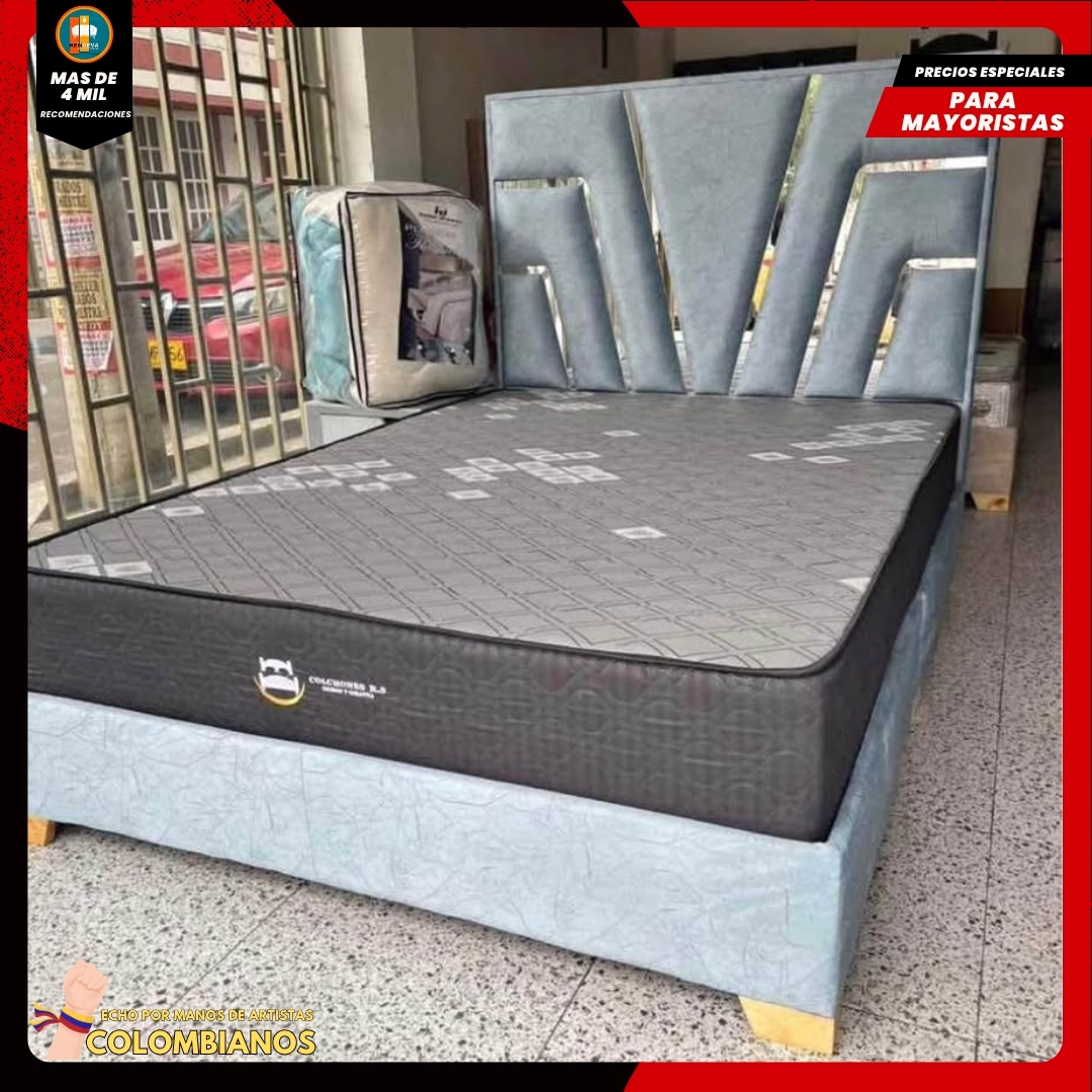 Base Cama Doble 140x190 con Espaldar en Diseño Espejo – Lujo, Elegancia y Máxima Resistencia