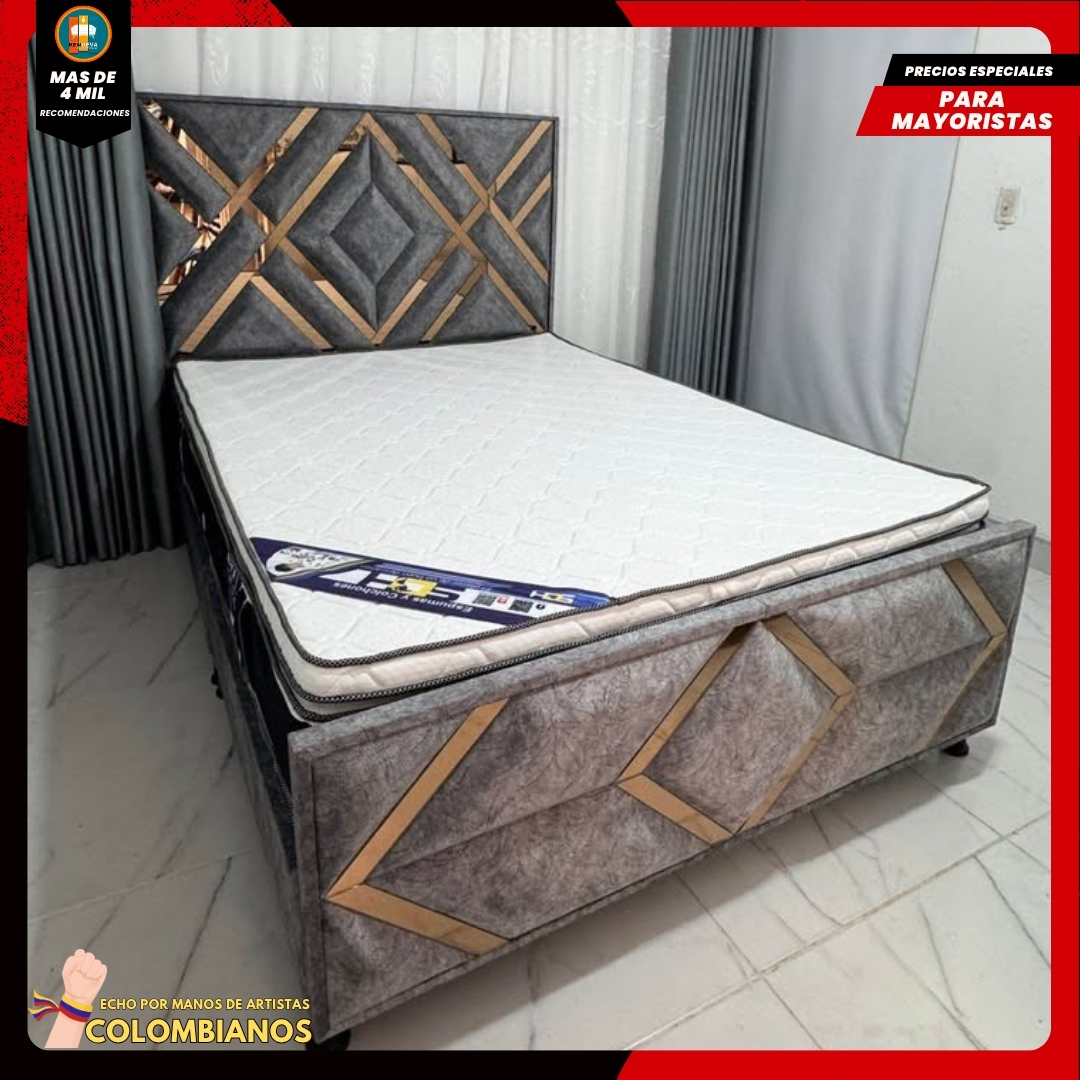 Base Cama Doble 140×190 con Espaldar y Piecero Diseño Espejo