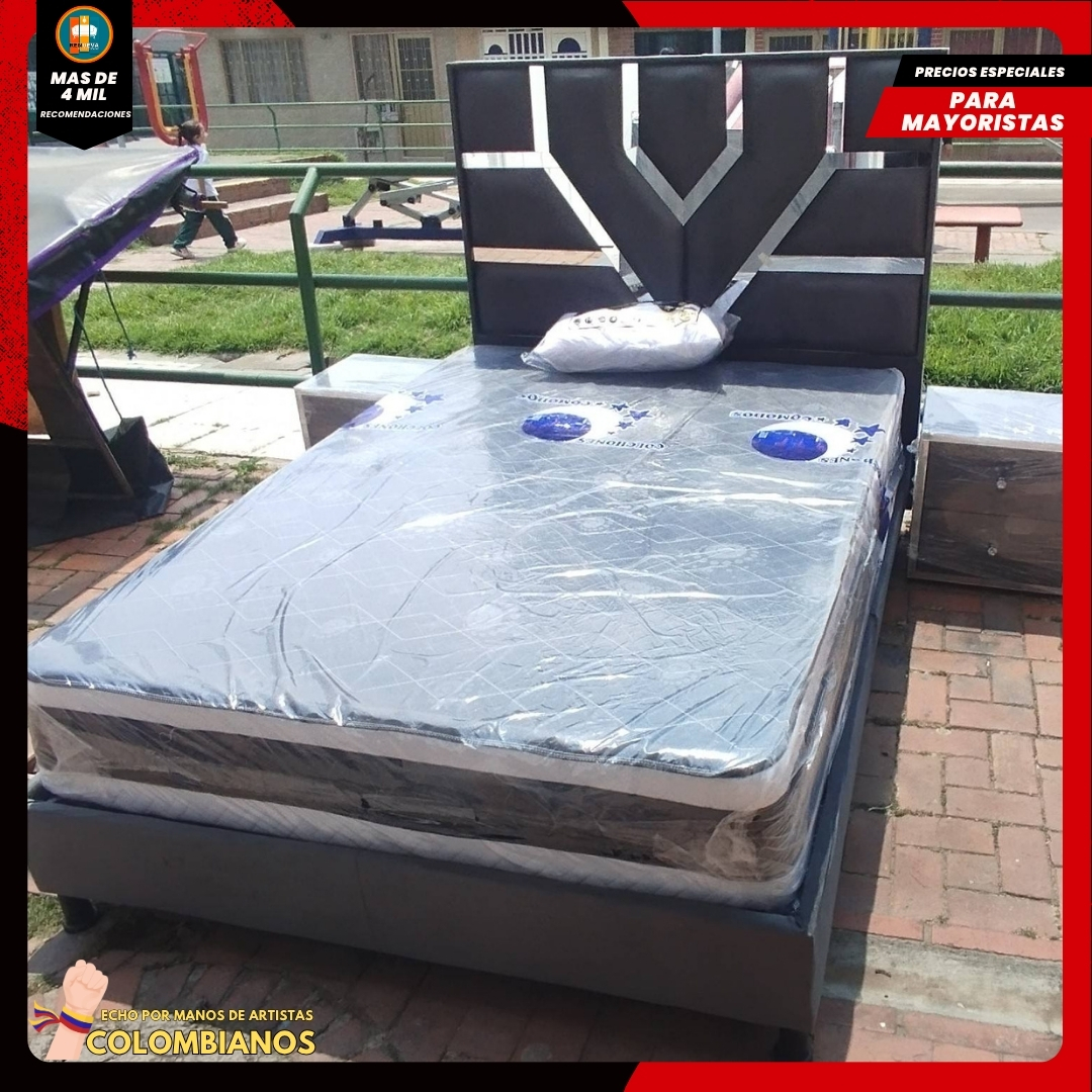 Base Cama Doble 140x190 con Espaldar en Diseño Espejo – Lujo, Elegancia y Máxima Resistencia
