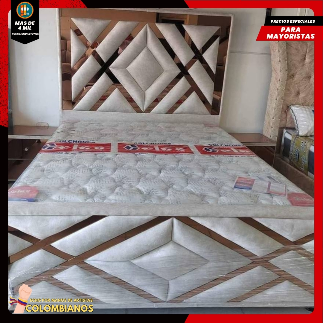 Base Cama Doble 140×190 con Espaldar y Piecero Diseño Espejo