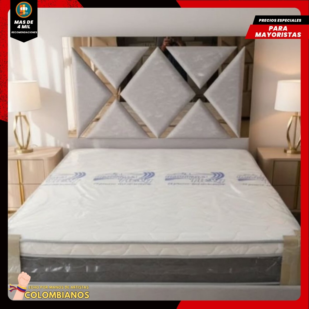 Base Cama Doble 140x190 con Espaldar en Diseño Espejo – Lujo, Elegancia y Máxima Resistencia