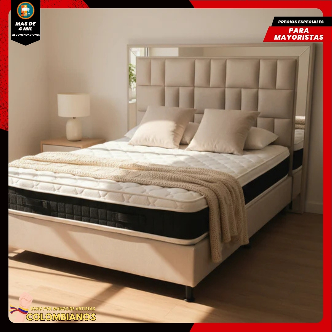 Base Cama Doble 140x190 con Espaldar en Diseño Espejo – Lujo, Elegancia y Máxima Resistencia