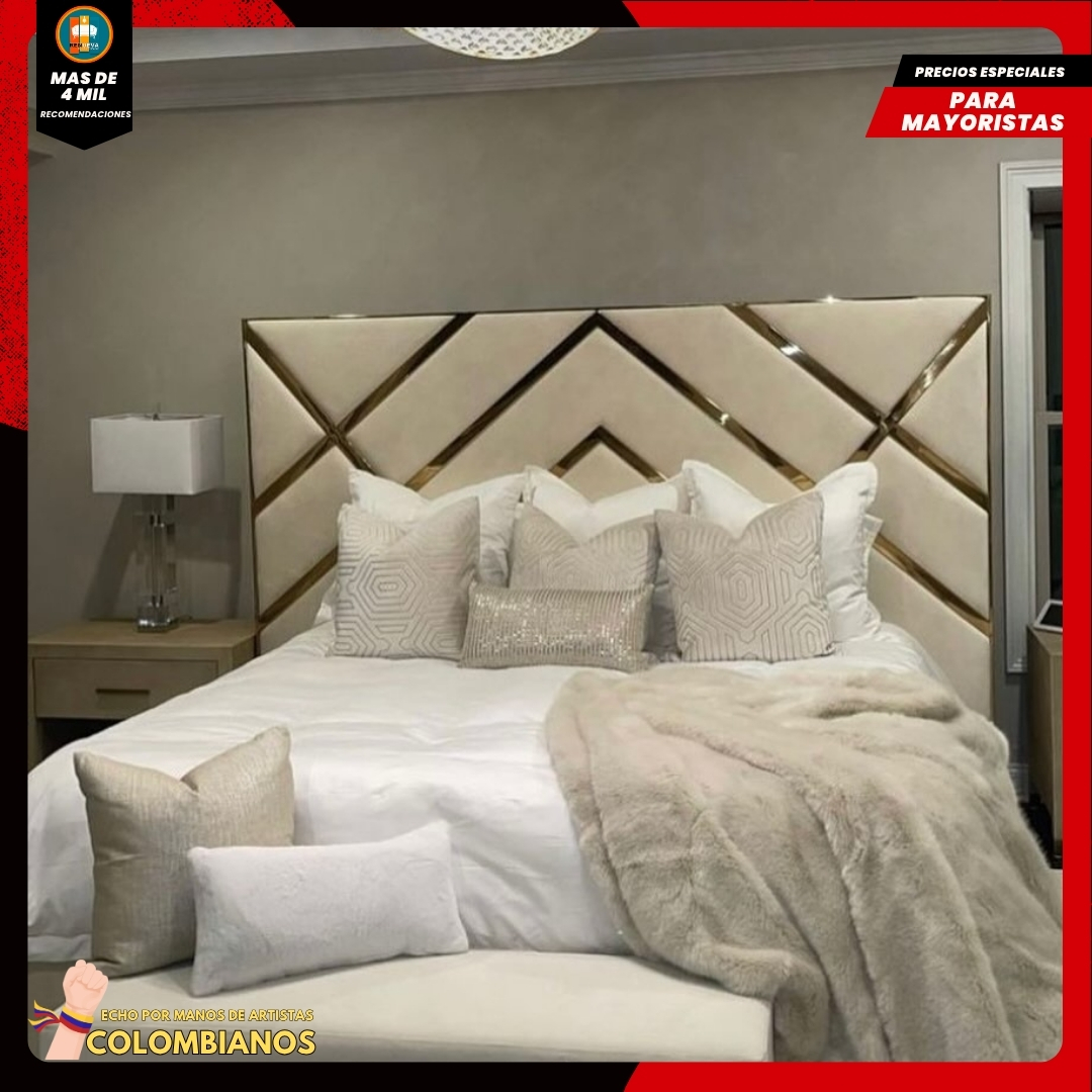 Base Cama Doble 140x190 con Espaldar en Diseño Espejo – Lujo, Elegancia y Máxima Resistencia