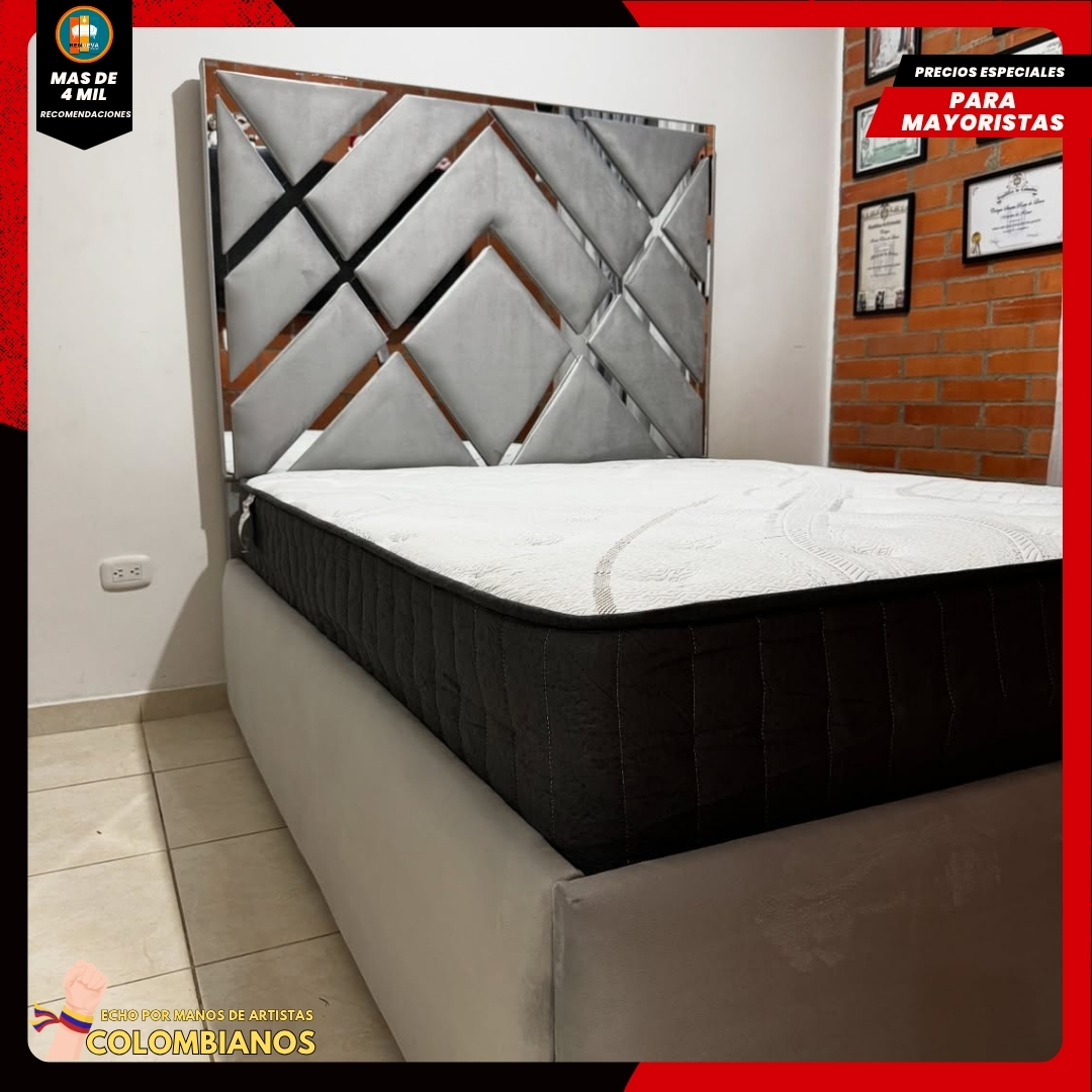 Base Cama Doble 140x190 con Espaldar en Diseño Espejo – Lujo, Elegancia y Máxima Resistencia