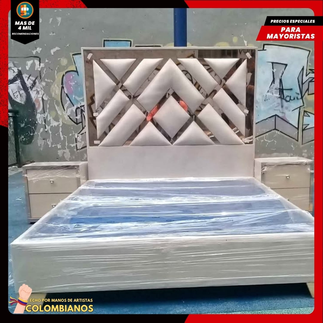 Base Cama Doble 140x190 con Espaldar en Diseño Espejo – Lujo, Elegancia y Máxima Resistencia