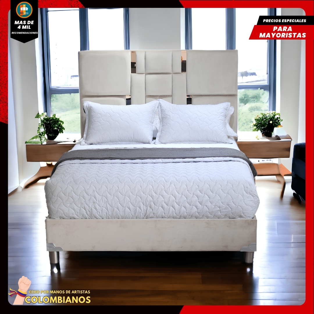 Base Cama Doble 140x190 con Espaldar en Diseño Espejo – Lujo, Elegancia y Máxima Resistencia