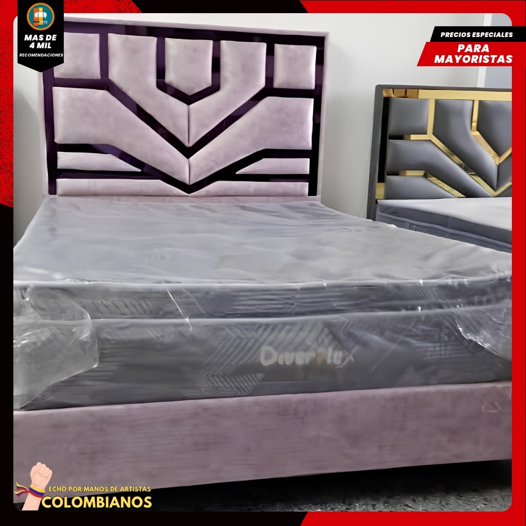 Base Cama Doble 140x190 con Espaldar en Diseño Espejo – Lujo, Elegancia y Máxima Resistencia