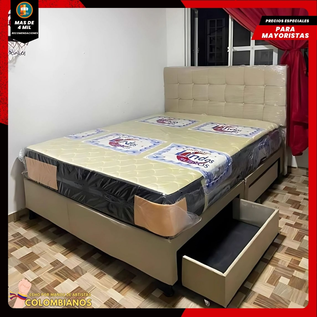 Base Cama Doble 140×190 con 2 Cajones y Espaldar Básico