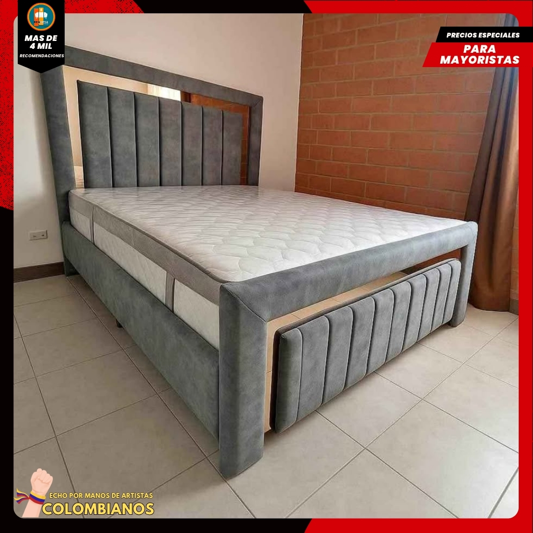 Base Cama Doble 140×190 con Espaldar y Piecero Diseño Espejo