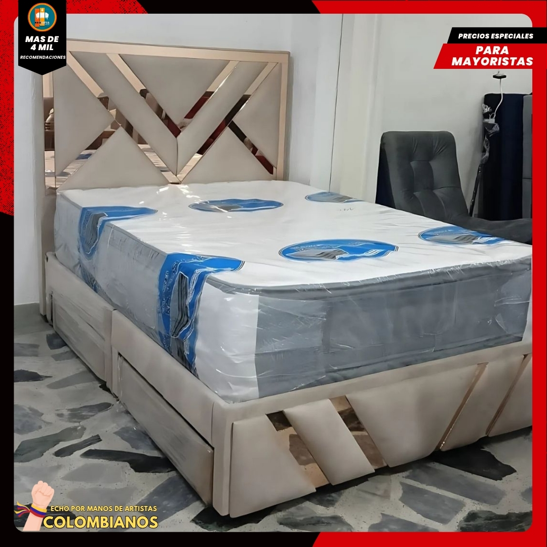 Base Cama Doble 140×190 con Espaldar y Piecero Diseño Espejo