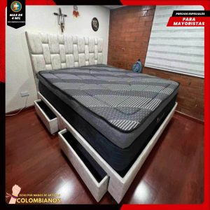 Base Cama Doble 140x190 con 2 Cajones y Espaldar con Vidrio Espejo – Diseño Moderno, Más Espacio y Elegancia Premium