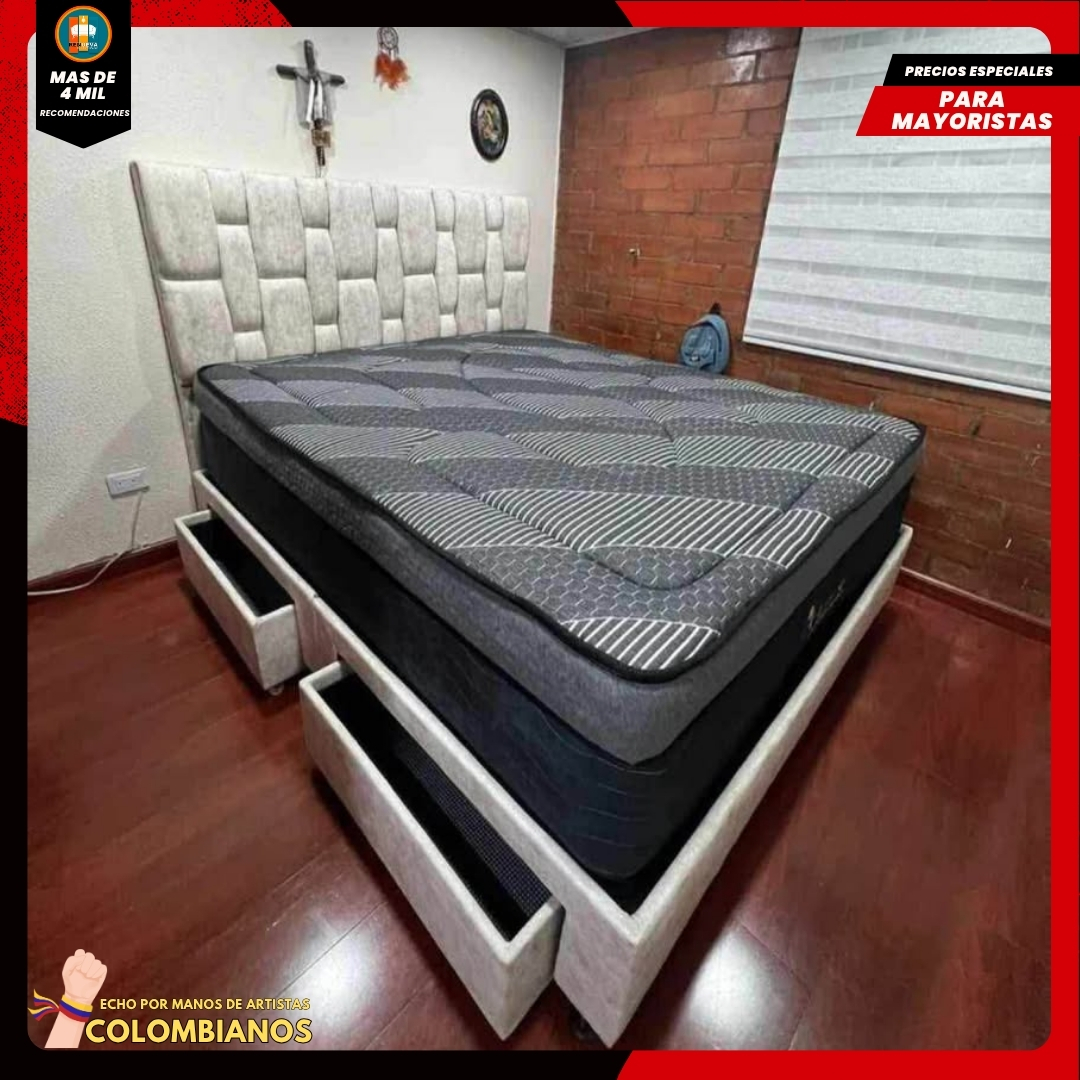 Base Cama Doble 140x190 con 2 Cajones y Espaldar con Vidrio Espejo – Diseño Moderno, Más Espacio y Elegancia Premium