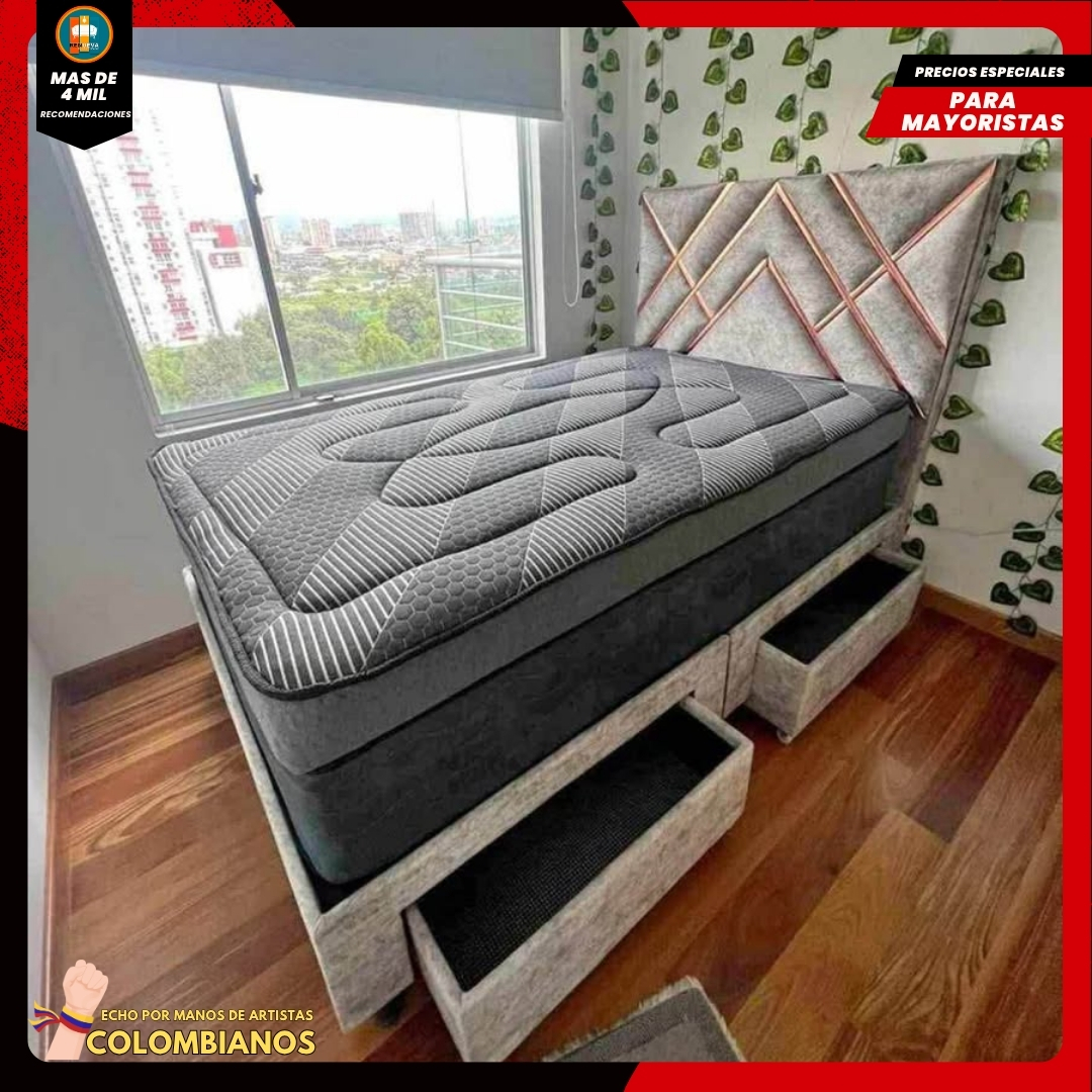 Base Cama Doble 140x190 con 2 Cajones y Espaldar con Vidrio Espejo – Diseño Moderno, Más Espacio y Elegancia Premium
