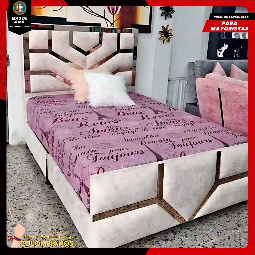 Base Cama Doble 140×190 con Espaldar y Piecero Diseño Espejo