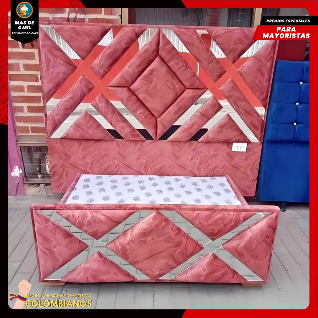 Base Cama Doble 140×190 con Espaldar y Piecero Diseño Espejo