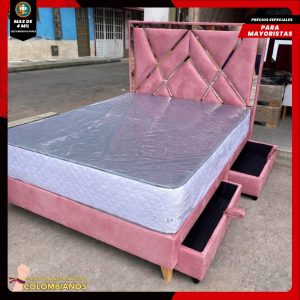 Base Cama Doble 140x190 con 2 Cajones y Espaldar con Vidrio Espejo – Diseño Moderno, Más Espacio y Elegancia Premium