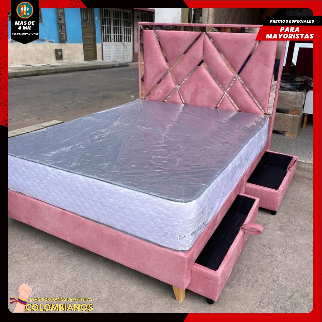 Base Cama Doble 140x190 con 2 Cajones y Espaldar con Vidrio Espejo – Diseño Moderno, Más Espacio y Elegancia Premium