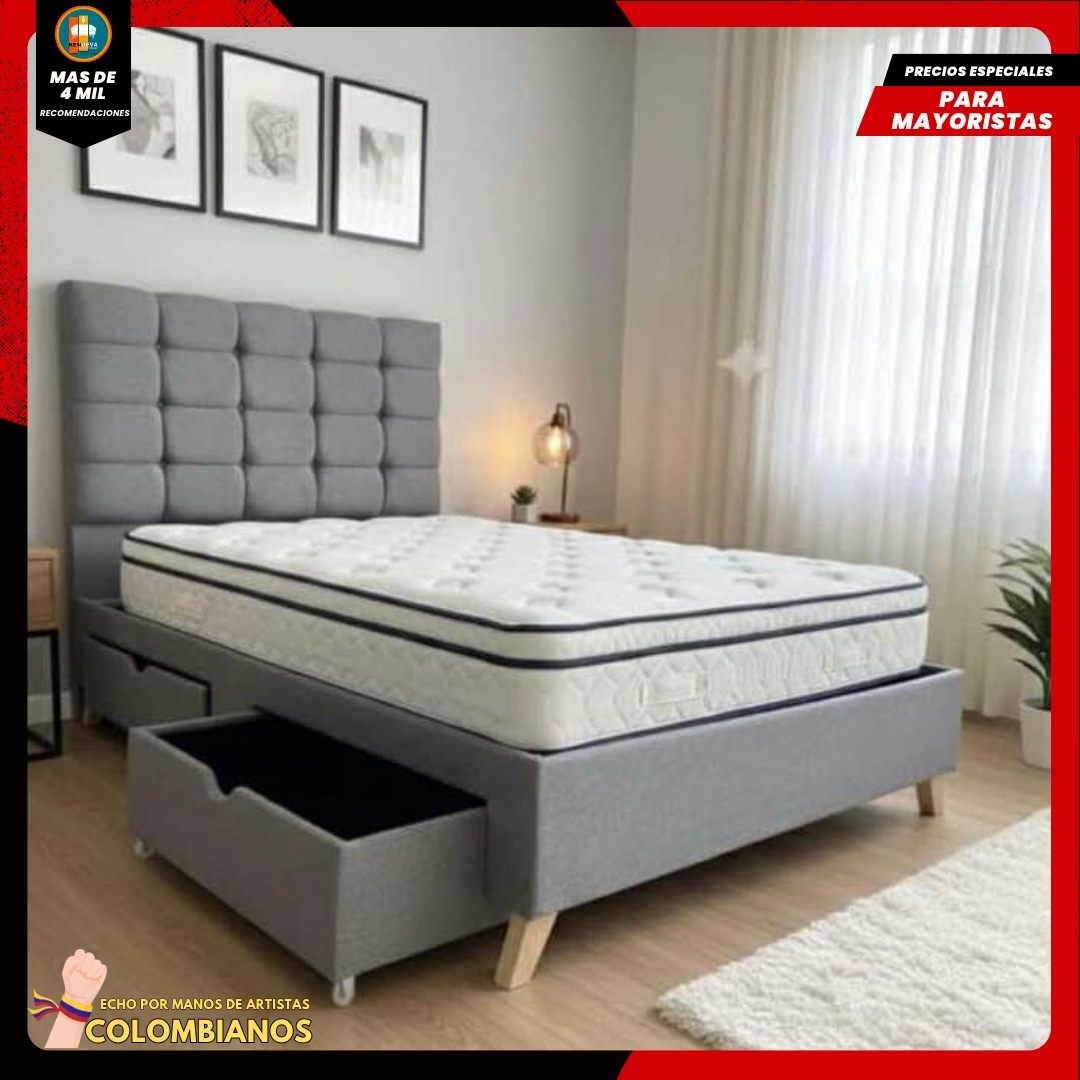 Base Cama Doble 140x190 con 2 Cajones y Espaldar Básico