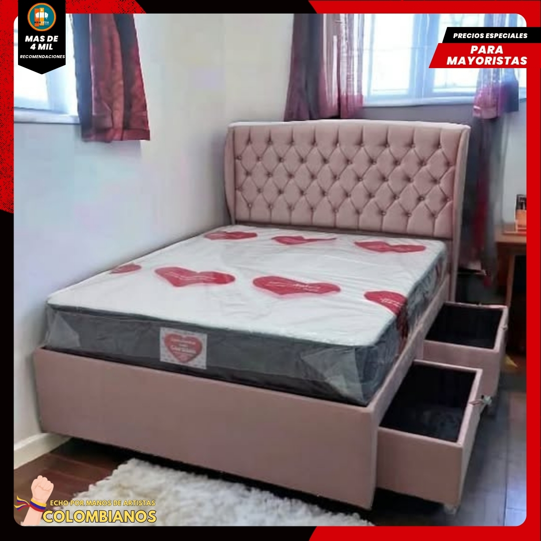 Base Cama Doble 140x190 con 2 Cajones y Espaldar Básico
