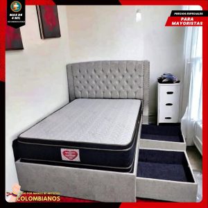 Base Cama Doble 140x190 con 2 Cajones y Espaldar con Vidrio Espejo – Diseño Moderno, Más Espacio y Elegancia Premium