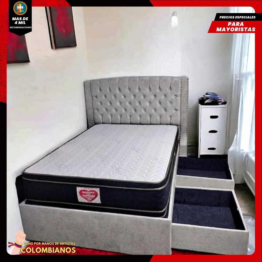 Base Cama Doble 140x190 con 2 Cajones y Espaldar con Vidrio Espejo – Diseño Moderno, Más Espacio y Elegancia Premium