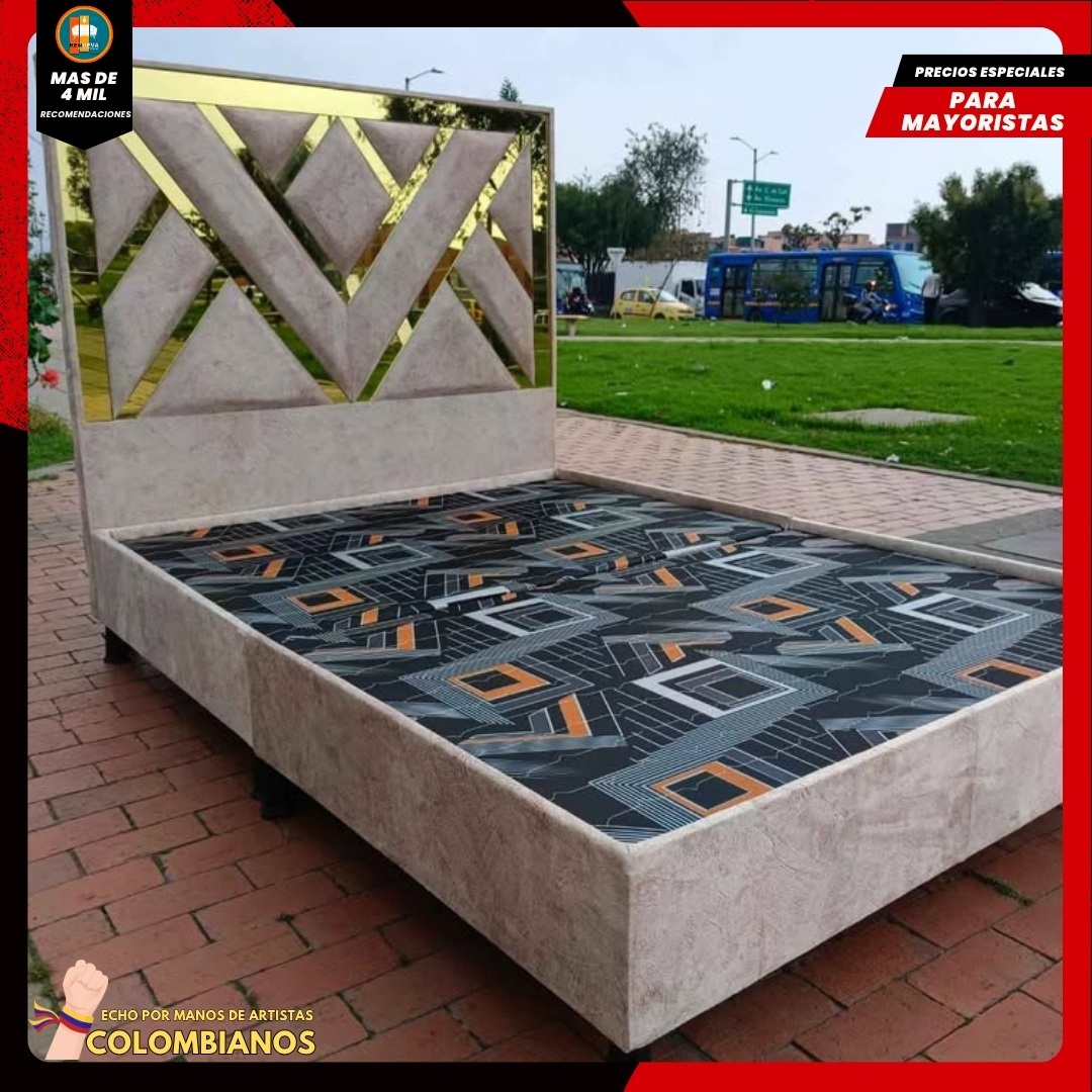 Base Cama Doble 140x190 con Espaldar en Diseño Espejo – Lujo, Elegancia y Máxima Resistencia